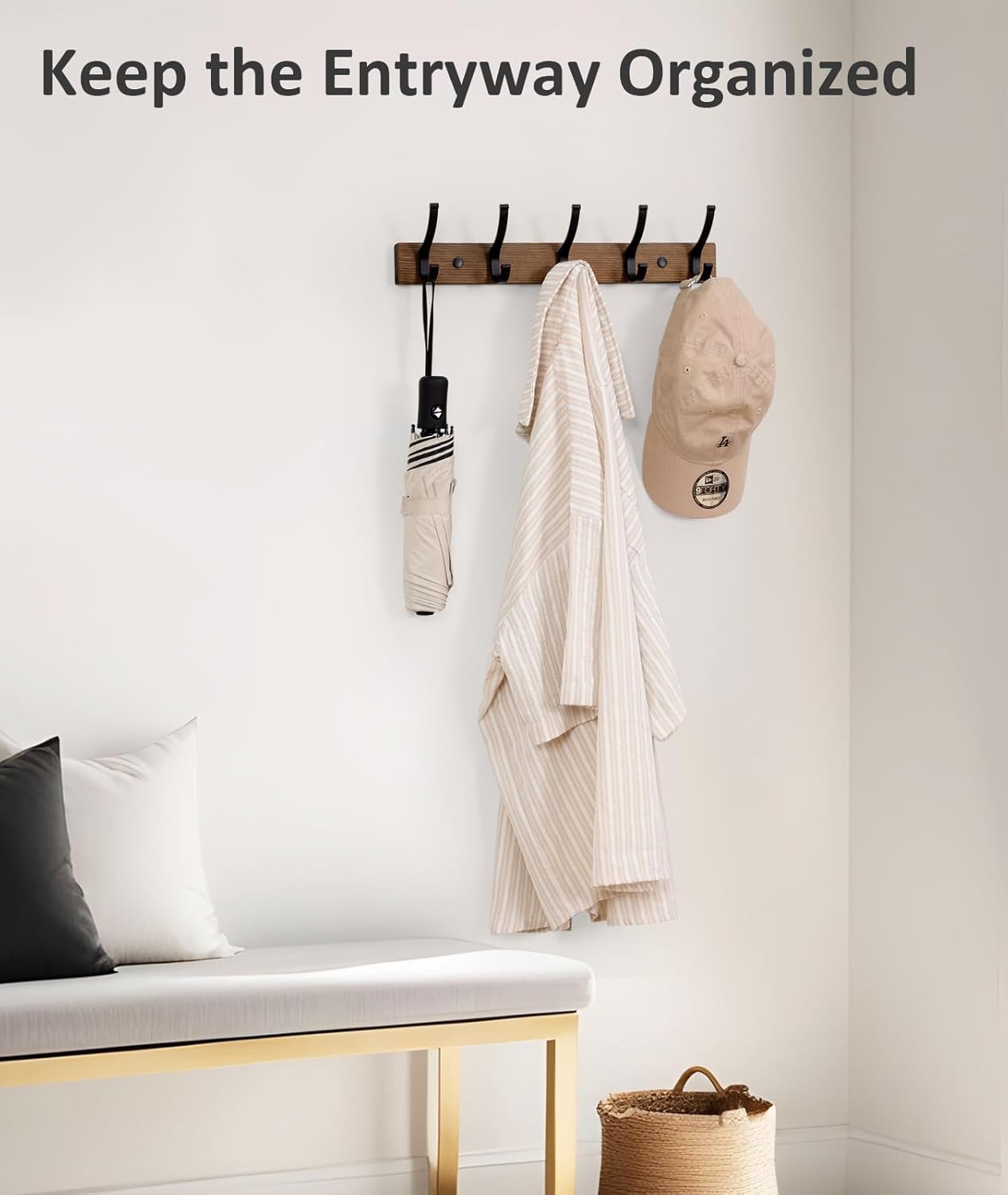 Optish Coat Rack Wall Mount. 16.5 Inches Wood Coat Hooks. Wall Hooks for Hanging. Hat Rack Bag Hanger Key Holder for Wall. Purse Hanger Towel Racks for Bathroom (1Pack. Brown) - Image 5