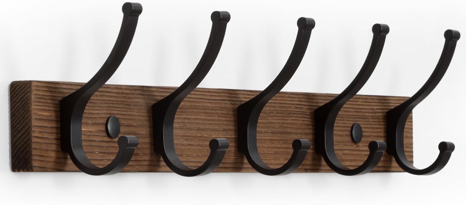 Optish Coat Rack Wall Mount. 16.5 Inches Wood Coat Hooks. Wall Hooks for Hanging. Hat Rack Bag Hanger Key Holder for Wall. Purse Hanger Towel Racks for Bathroom (1Pack. Brown)