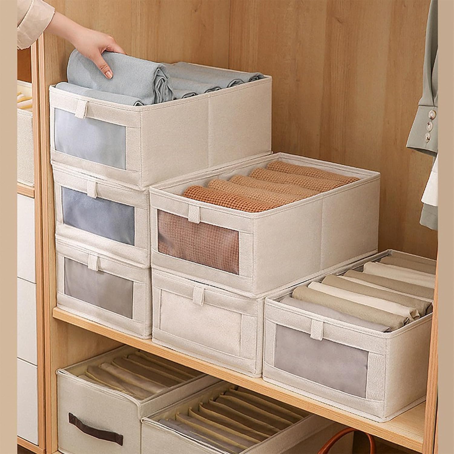 Pradnel Linen Closet Organizers And Storage. 4 Pack Storage Bins Baskets for Organization Foldable Organizer with Clear Window Organizing Clothing. Jeans. Shelves - Image 7