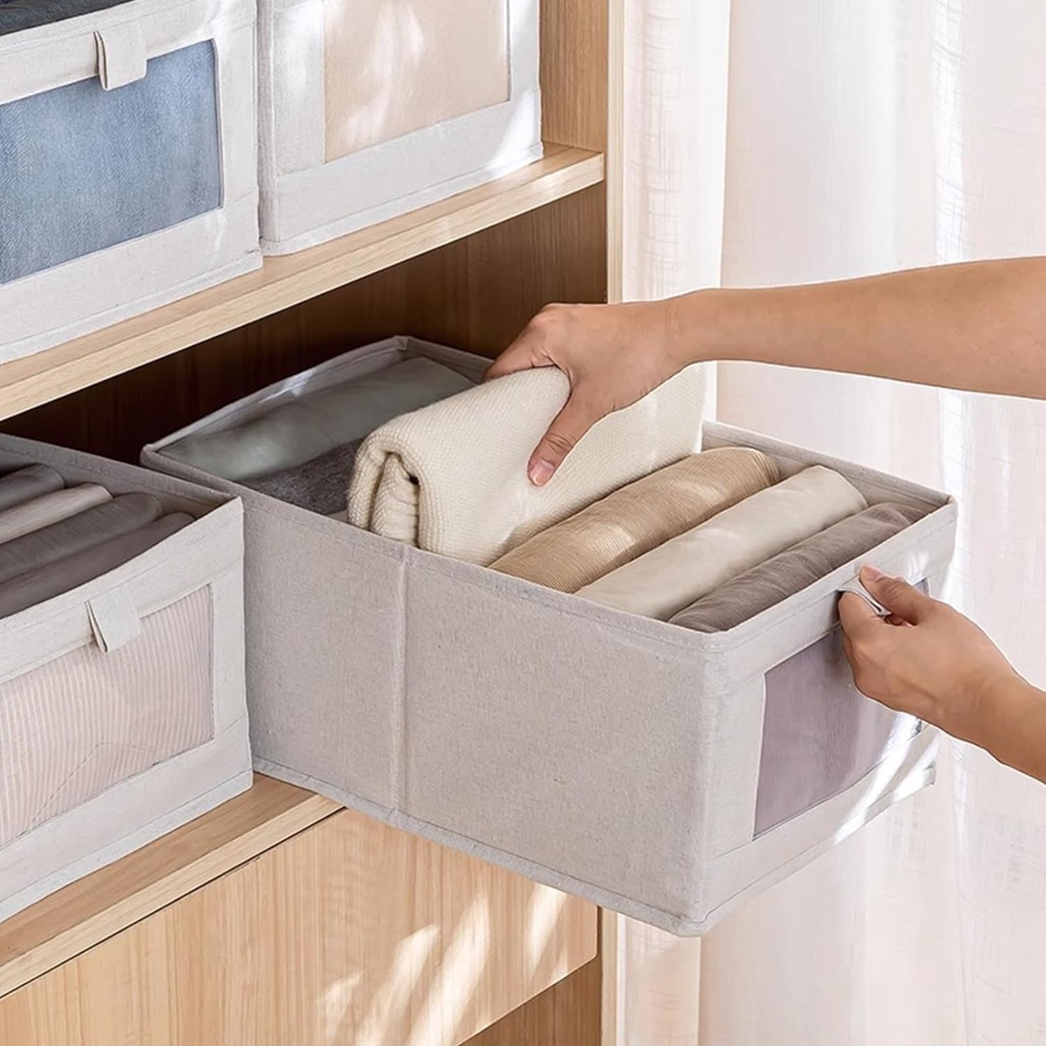 Pradnel Linen Closet Organizers And Storage. 4 Pack Storage Bins Baskets for Organization Foldable Organizer with Clear Window Organizing Clothing. Jeans. Shelves - Image 4