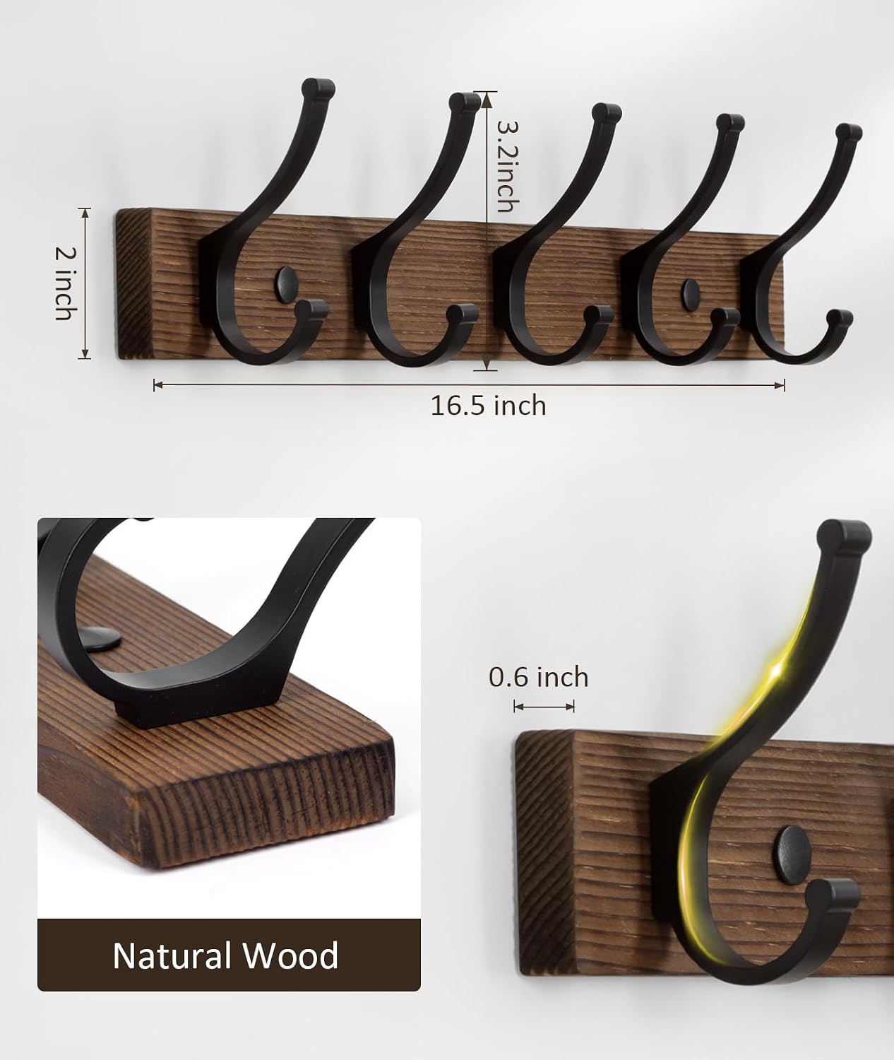 Optish Coat Rack Wall Mount. 16.5 Inches Wood Coat Hooks. Wall Hooks for Hanging. Hat Rack Bag Hanger Key Holder for Wall. Purse Hanger Towel Racks for Bathroom (1Pack. Brown) - Image 2