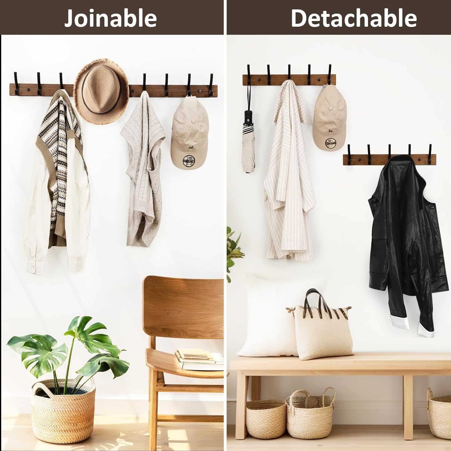 Optish Coat Rack Wall Mount. 16.5 Inches Wood Coat Hooks. Wall Hooks for Hanging. Hat Rack Bag Hanger Key Holder for Wall. Purse Hanger Towel Racks for Bathroom (1Pack. Brown) - Image 7