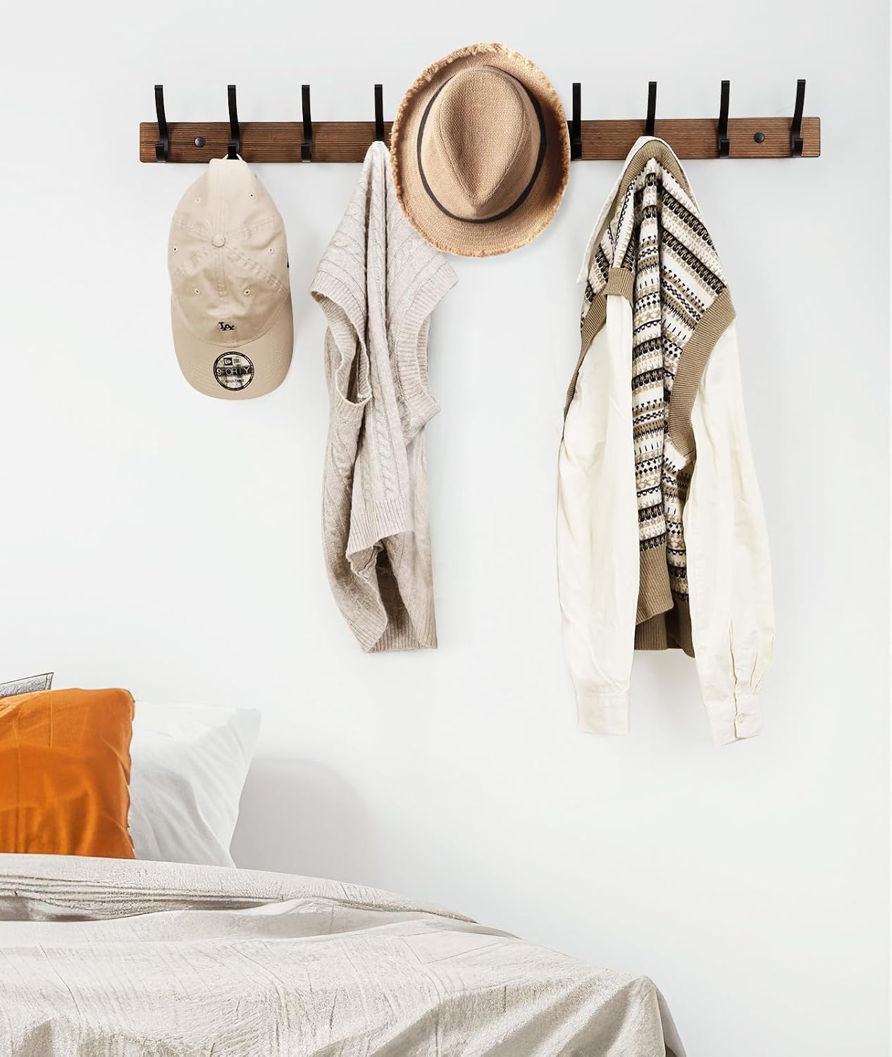 Optish Coat Rack Wall Mount. 16.5 Inches Wood Coat Hooks. Wall Hooks for Hanging. Hat Rack Bag Hanger Key Holder for Wall. Purse Hanger Towel Racks for Bathroom (1Pack. Brown) - Image 6