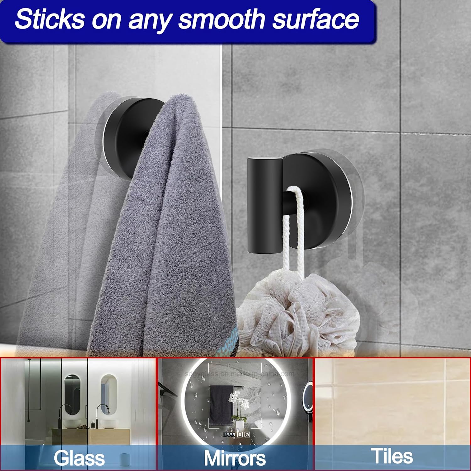 Bntuk Suction Cup Hooks. Removable Shower Hooks for Inside Shower – Towel Hooks for Bathroom Window Glass Mirror Tile. Bath Robe Looafh Hook for Hanging – Waterproof & Rustproof. Black (2 Pack) - Image 3