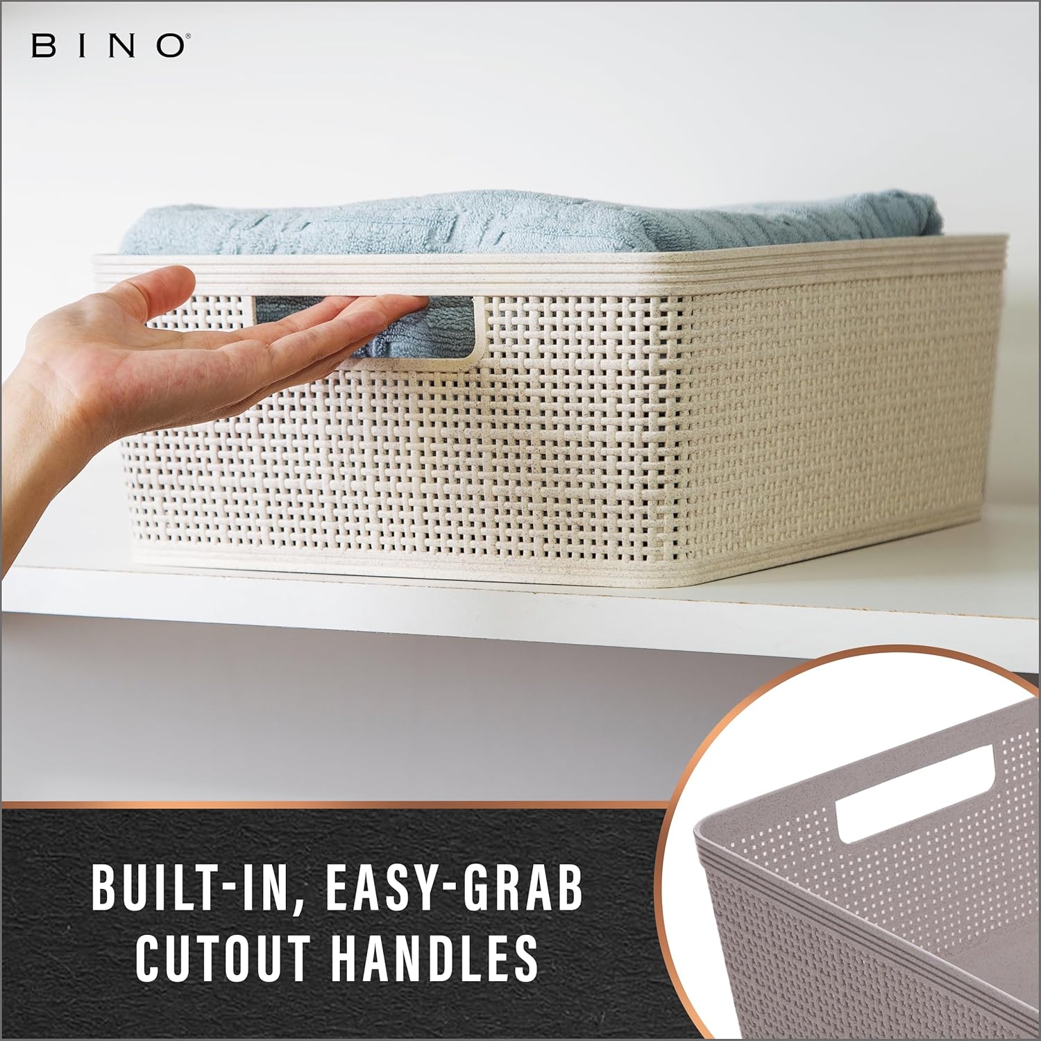 BINO | Woven Plastic Basket | Small (Natural). 5-Pack | THE JUTE COLLECTION | Home Organization. Space - Saving Storage. Stylish Design | Jute Basket | Plastic Storage Basket - Image 4